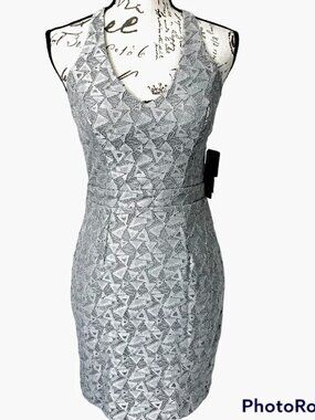 City Studio Macys Gray Silver Glitter Allover Lace Sleeveless Halter Dress, sz 1